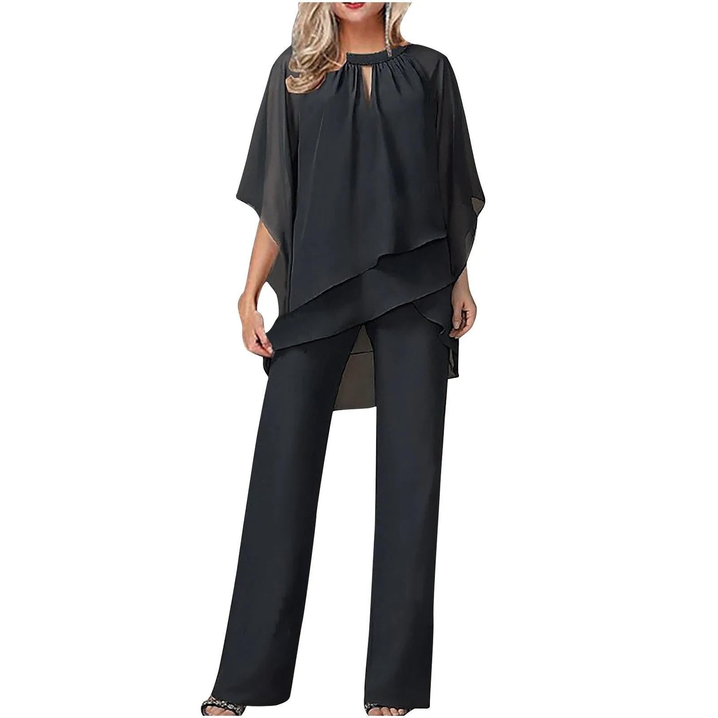 Vivienne Women's Chiffon Pantsuit Batwing Sleeves Wide Leg