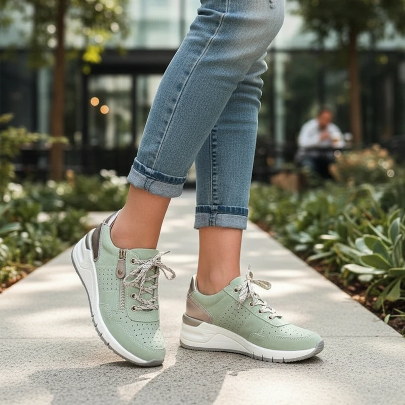 Person wearing light green sneakers with white soles on a sidewalk.