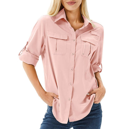 Women's Long Sleeve Hiking Shirt UPF 50 Roll-Up Safari Style - Fashinoza
