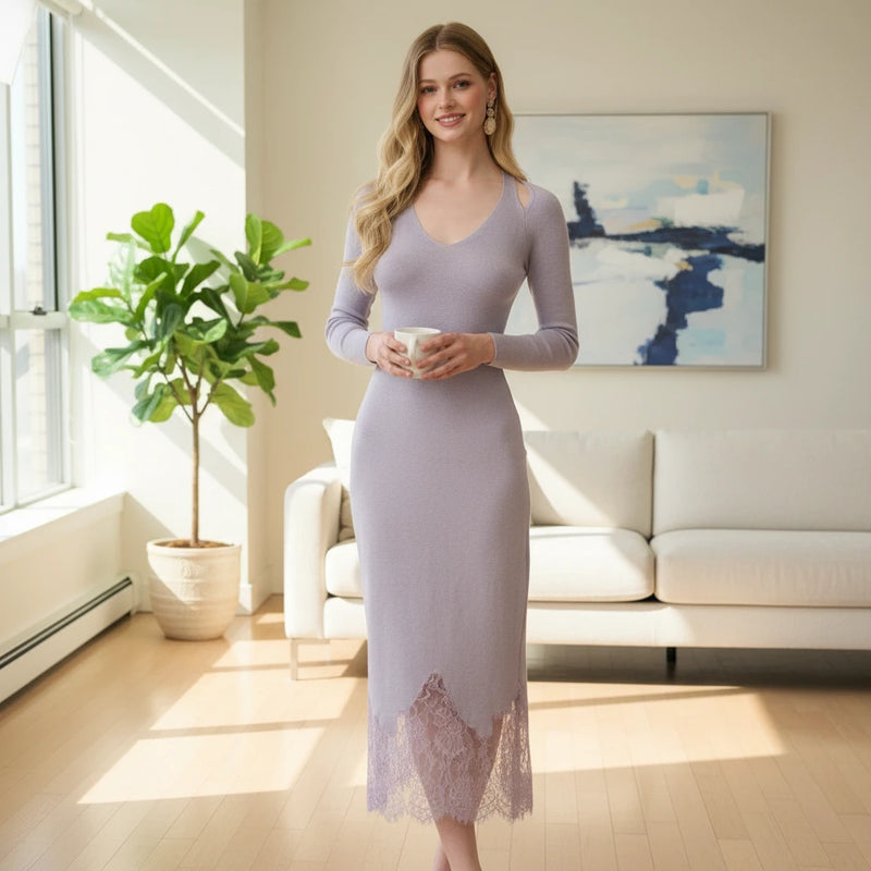 Knit Long-Sleeve Midi Dress with Lace Hem