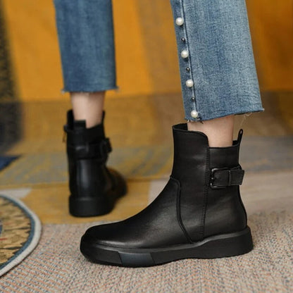 Women's Mid-Ankle Boots Flat Sole Side Buckle Brown