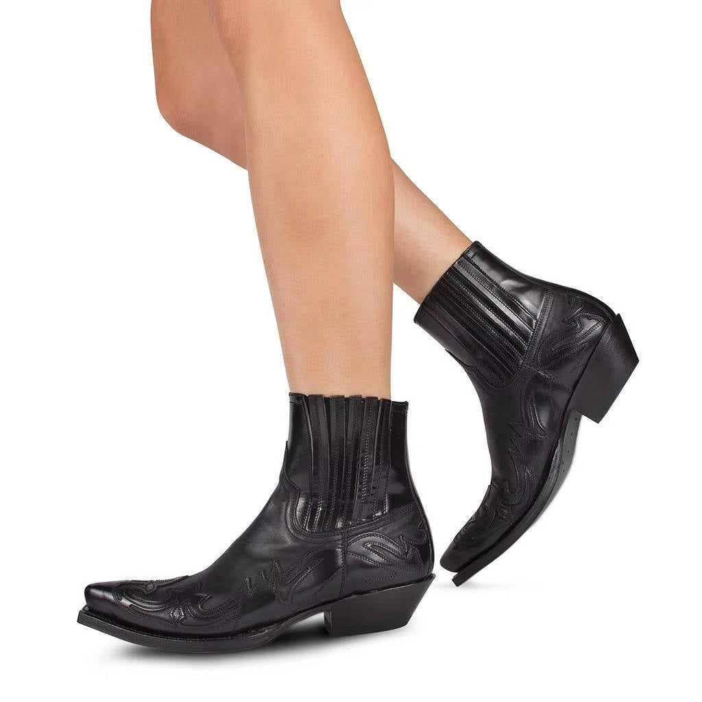 Western Cowboy Ankle Boots Embroidered Pointed Toe Leather Unisex Boots