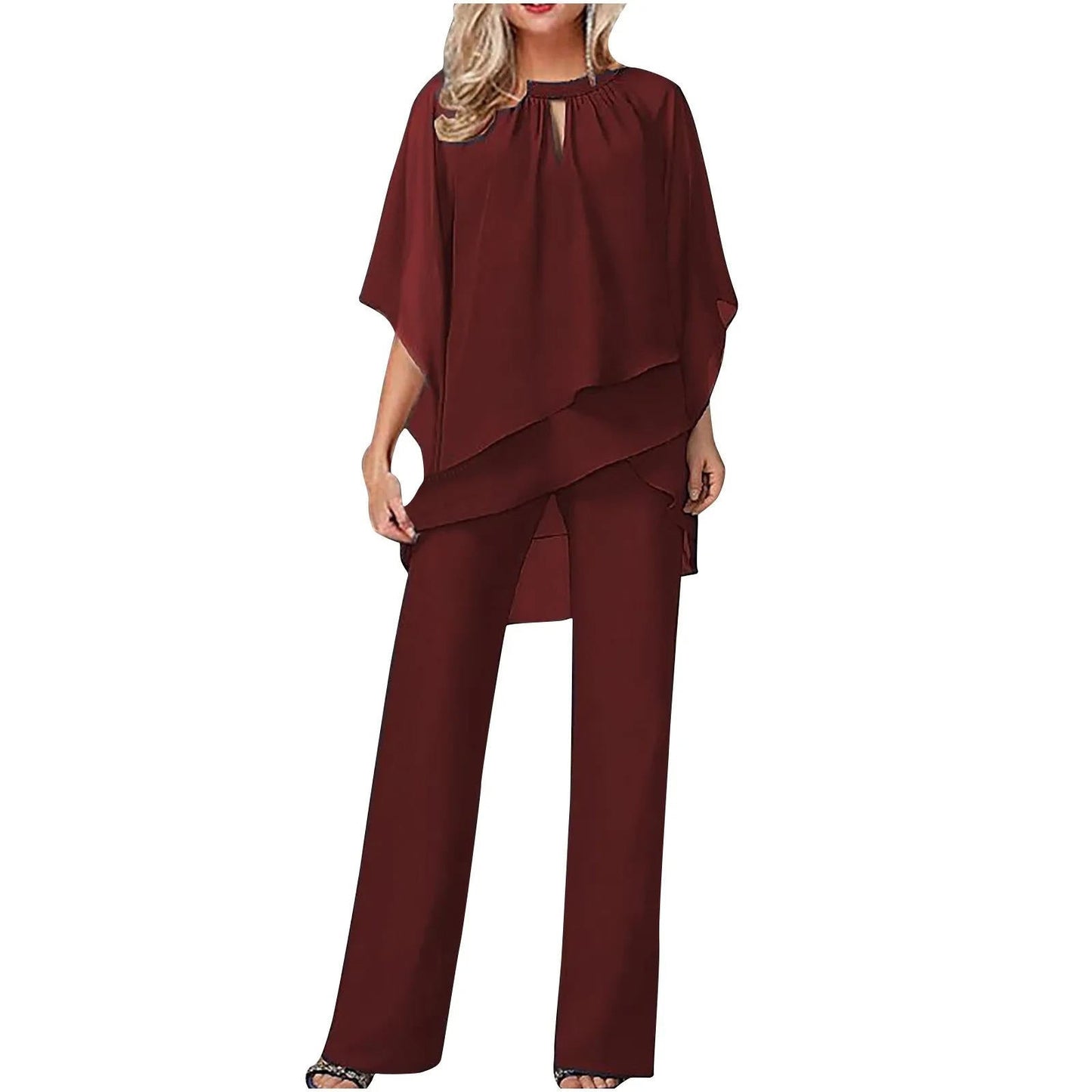 Vivienne Women's Chiffon Pantsuit Batwing Sleeves Wide Leg