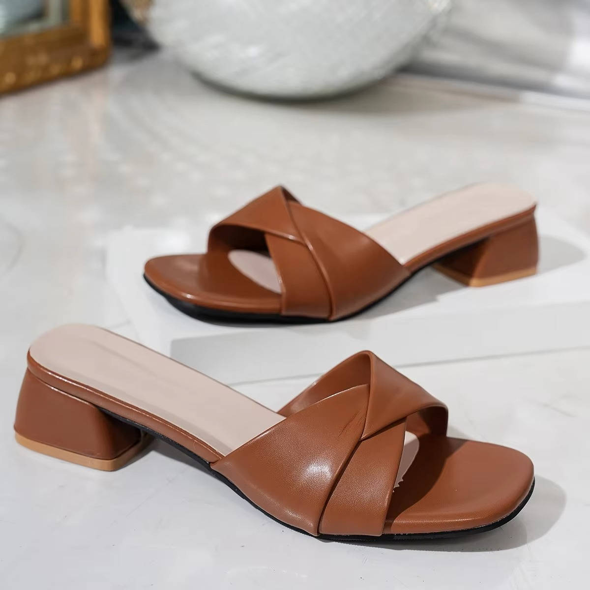 Women's Block Heel Slide Sandals Open Toe Crossover Strap