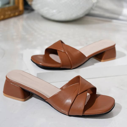 Women's Block Heel Slide Sandals Open Toe Crossover Strap