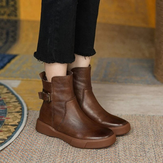 Women's Mid-Ankle Boots Flat Sole Side Buckle Brown - Fashinoza