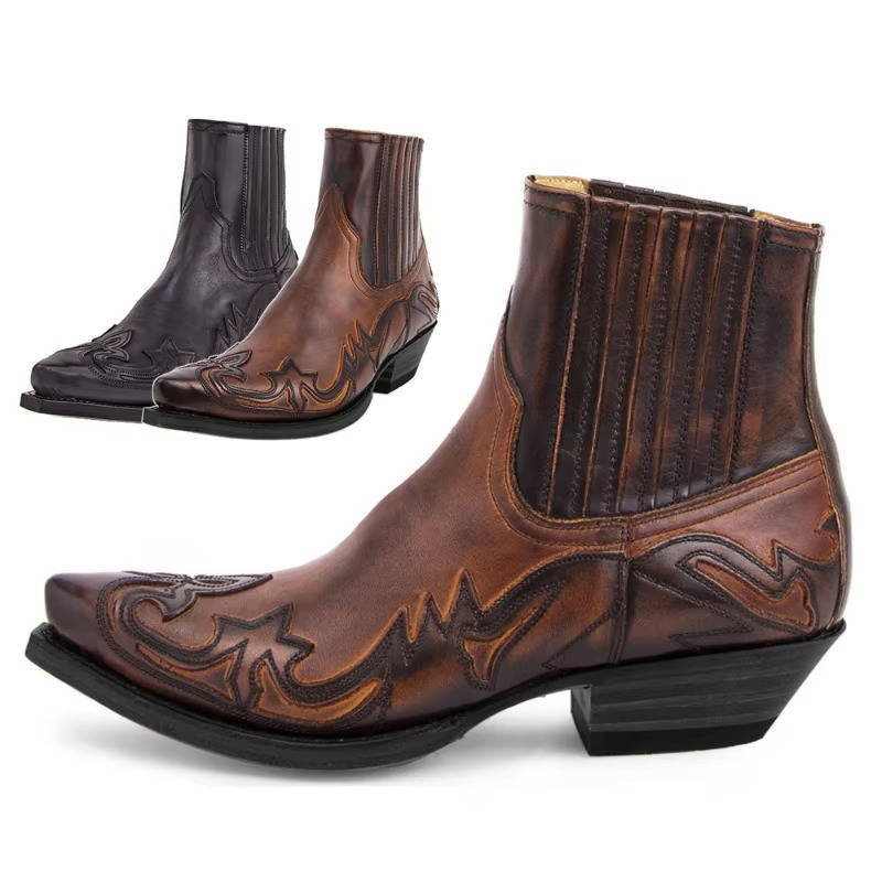 Western Cowboy Ankle Boots Embroidered Pointed Toe Leather Unisex Boots