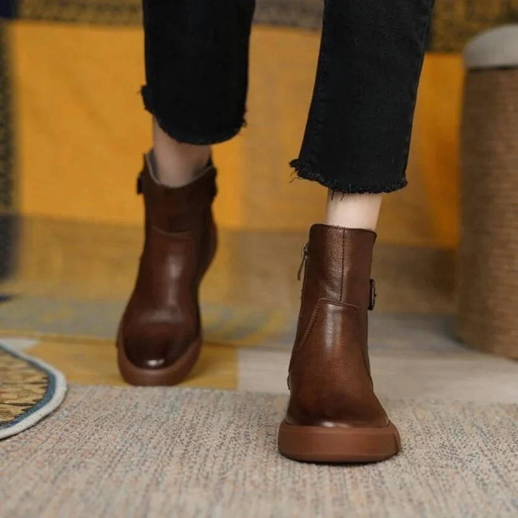 Women's Ankle Boots Retro Leather Brown - Fashinoza