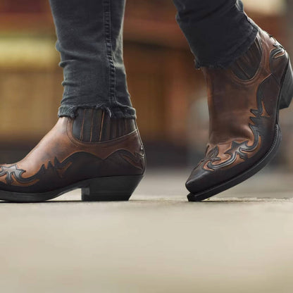 Western Cowboy Ankle Boots Embroidered Pointed Toe Leather Unisex Boots