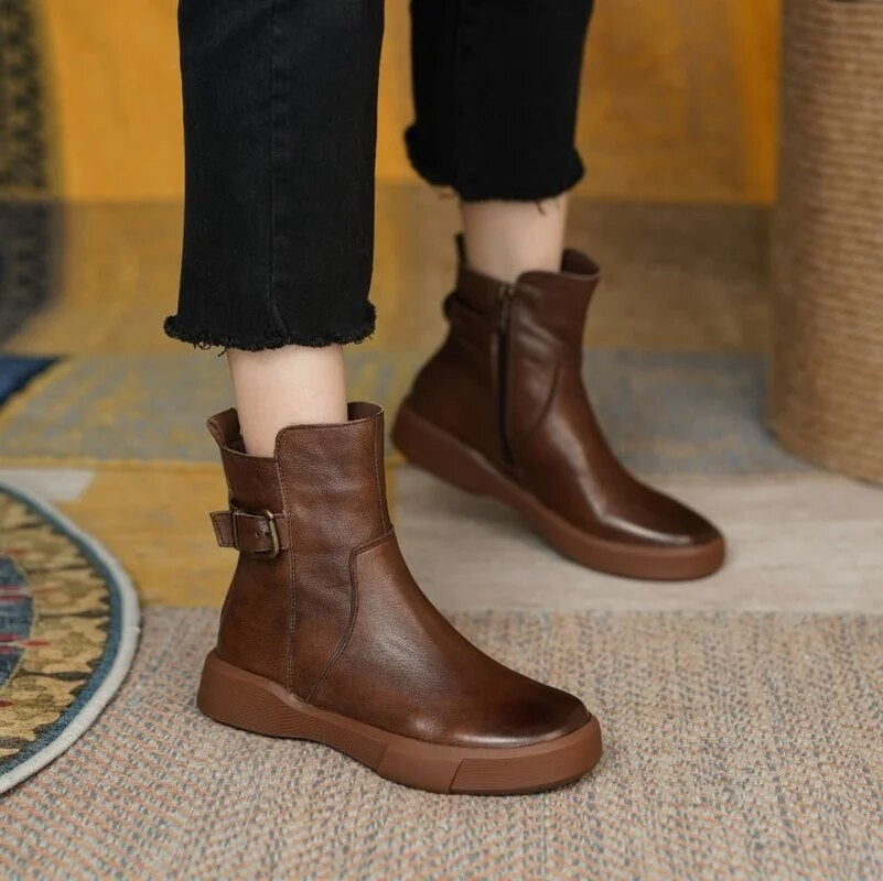 Women's Mid-Ankle Boots Flat Sole Side Buckle Brown