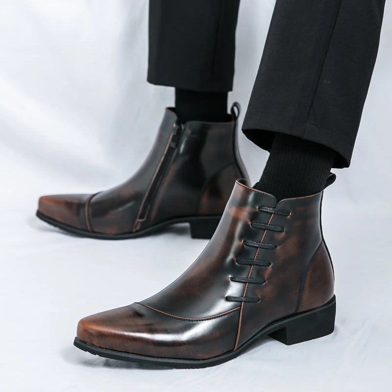 Men's Leather Chelsea Boots Polished Lace Up Black