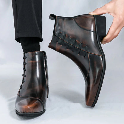 Men's Leather Chelsea Boots Polished Lace Up Black