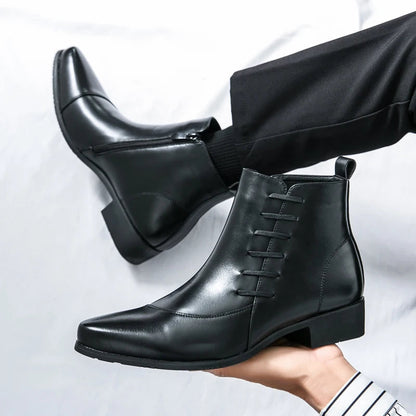 Men's Leather Chelsea Boots Polished Lace Up Black