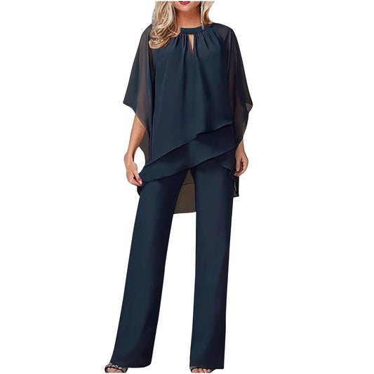 Vivienne Women's Chiffon Pantsuit Batwing Sleeves Wide Leg - Fashinoza