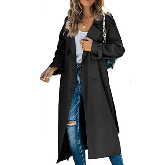 Women's Long Trench Coat Double-Breasted Belted Cuffs - Fashinoza