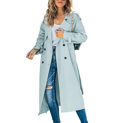 Women's Long Trench Coat Double-Breasted Belted Cuffs