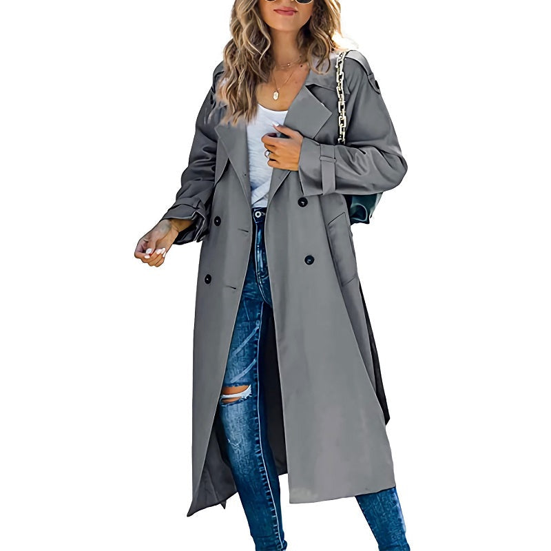 Women's Long Trench Coat Double-Breasted Belted Cuffs