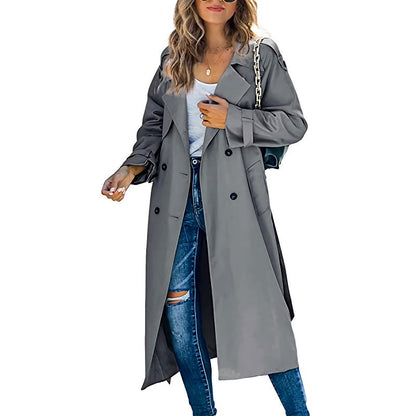Women's Long Trench Coat Double-Breasted Belted Cuffs