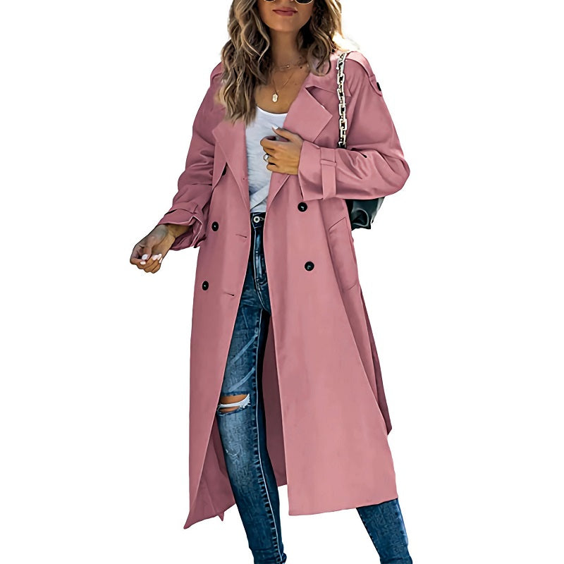 Women's Long Trench Coat Double-Breasted Belted Cuffs