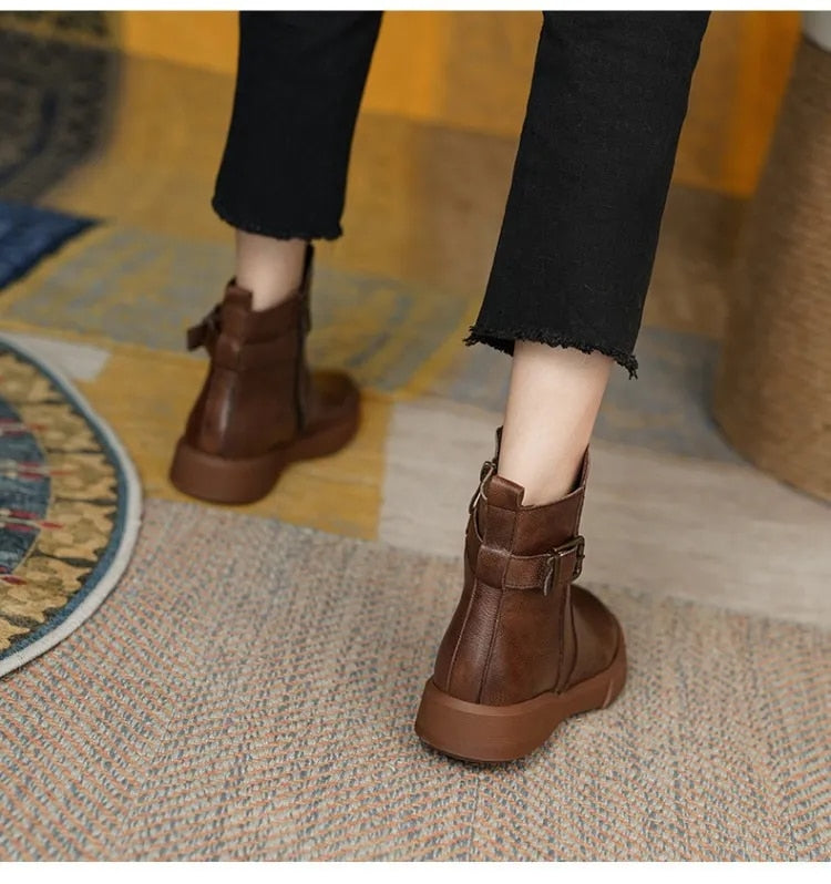 Women's Mid-Ankle Boots Flat Sole Side Buckle Brown
