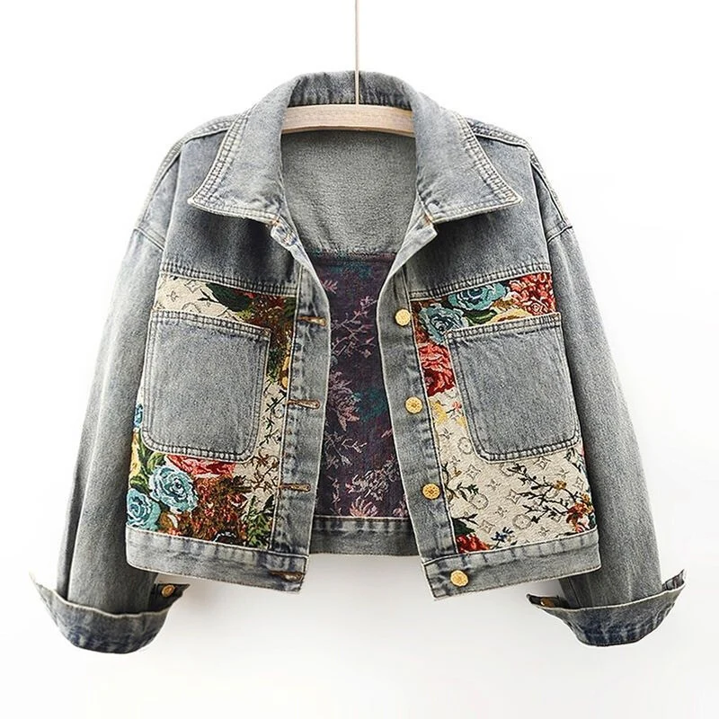 Women's Floral Denim Jacket - Fashinoza
