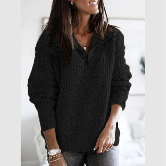 Women's Relaxed Fit Half Zip Sweater Textured Knit Collar Beige - Fashinoza