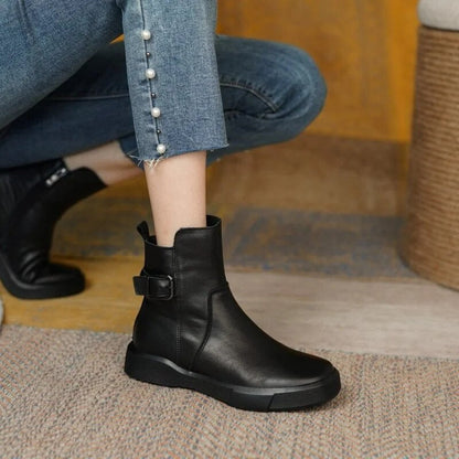 Women's Mid-Ankle Boots Flat Sole Side Buckle Brown