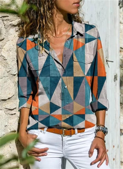 Women's Geometric Print Long Sleeve Shirt - Fashinoza