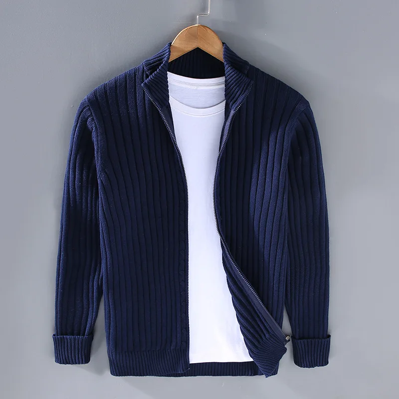 Men's Open Front Cardigan Ribbed Knit Fold-Over Collar