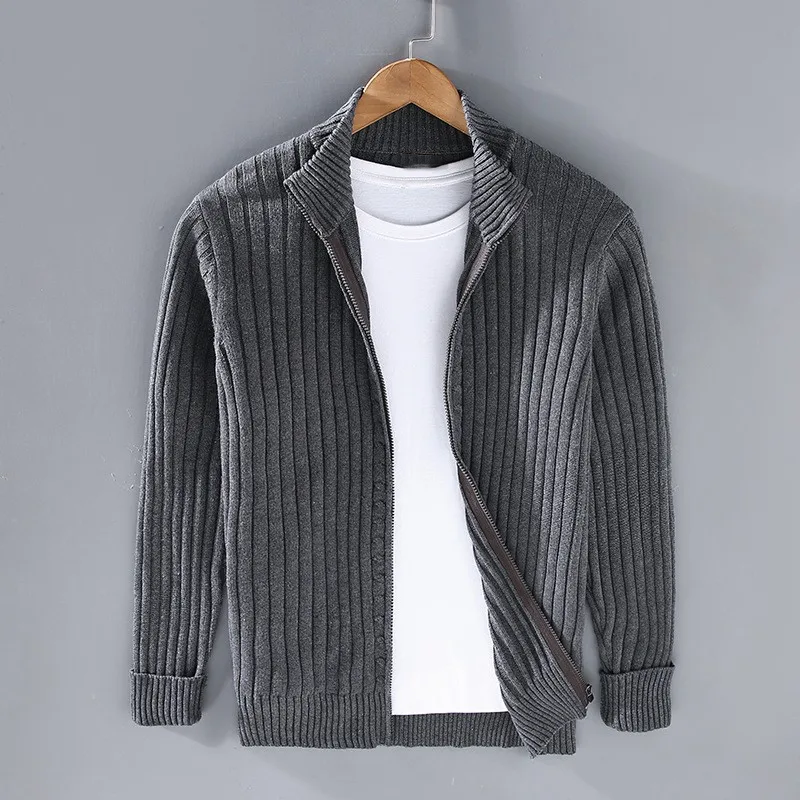 Men's Open Front Cardigan Ribbed Knit Fold-Over Collar