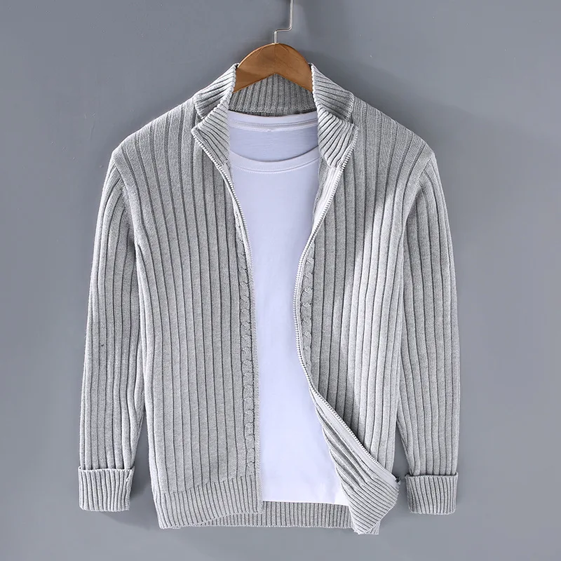 Men's Open Front Cardigan Ribbed Knit Fold-Over Collar - Fashinoza