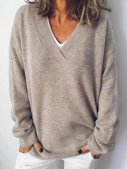 Women's V-Neck Long-Sleeve Sweater Solid Apricot - Fashinoza