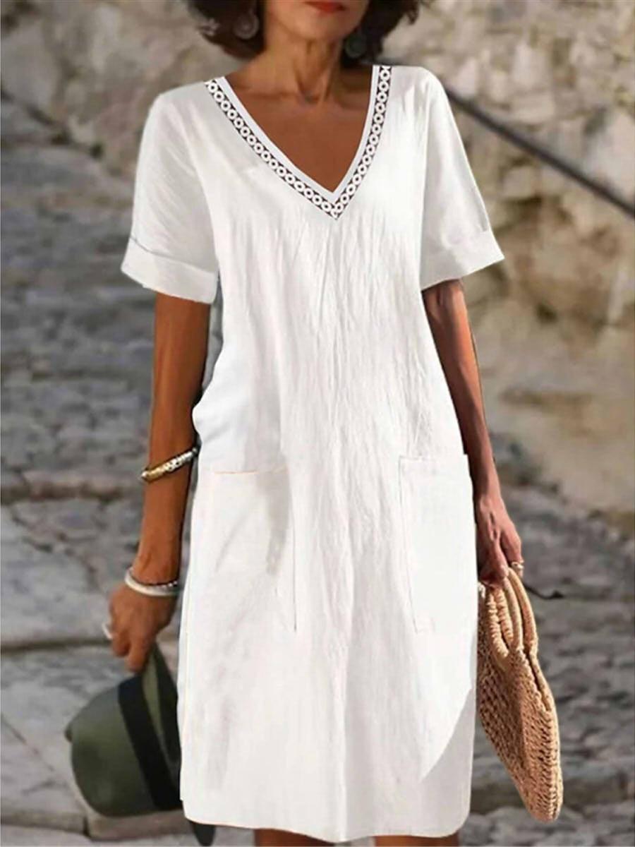 Women's V-Neck Midi Dress Embroidered Pockets - 
Fashinoza