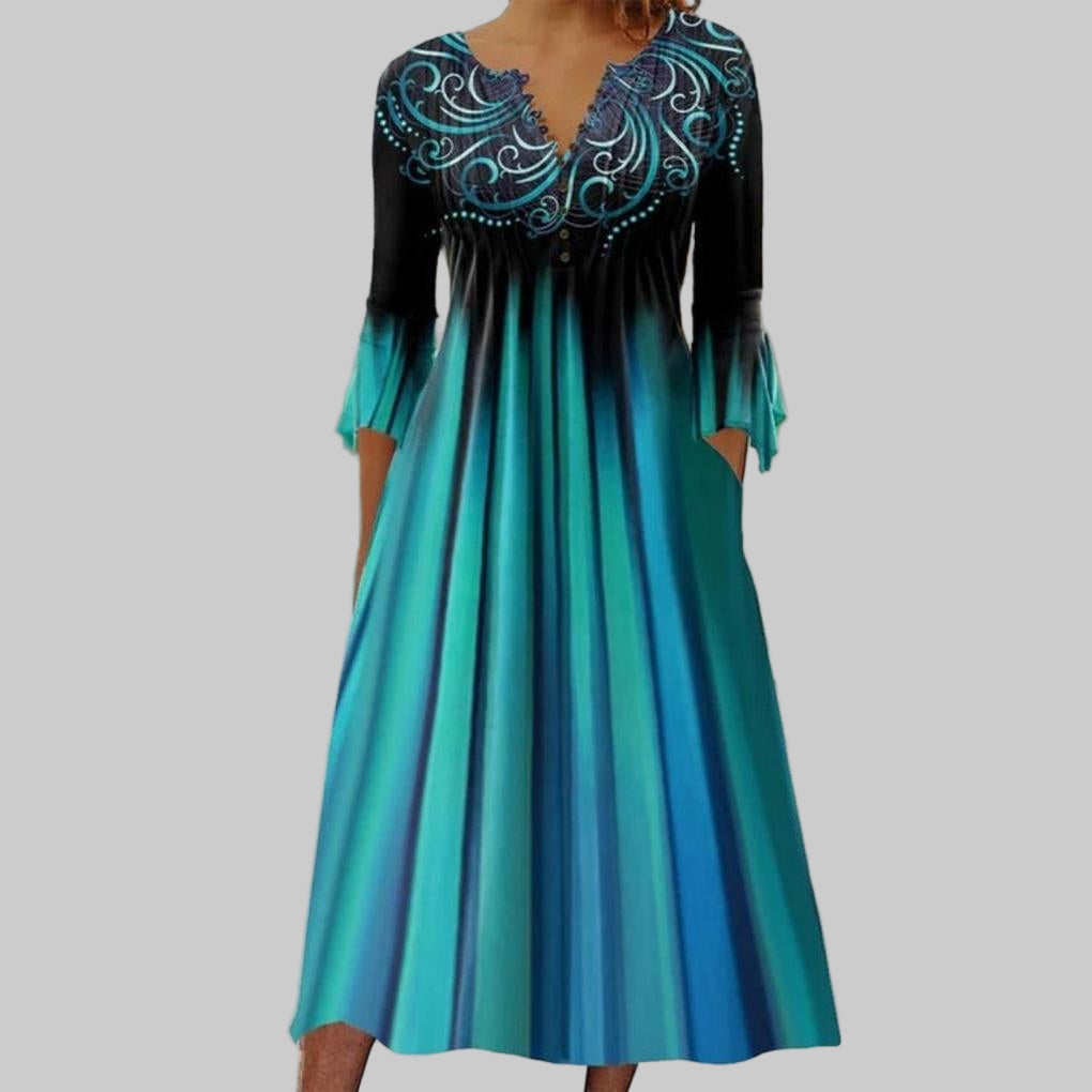 Women's V-Neck 3/4 Sleeve Dress Green Ombre Stripe - Fashinoza