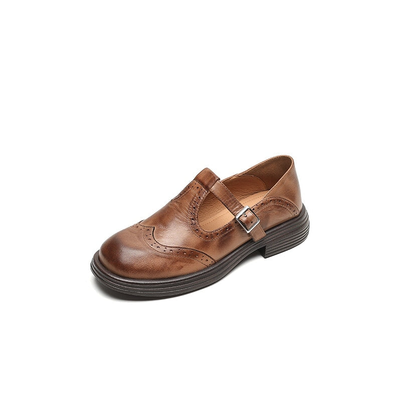 Women's Leather Mary Jane Shoes Block Heel Brown