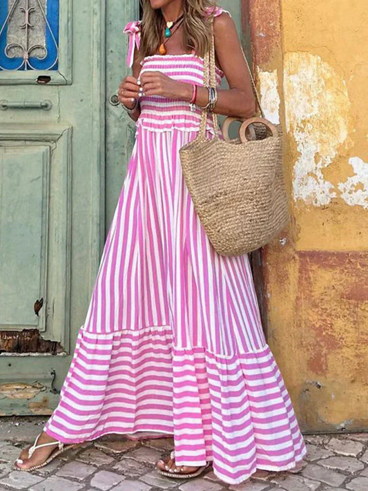 Women's Striped Dress with Tie Straps - Fashinoza