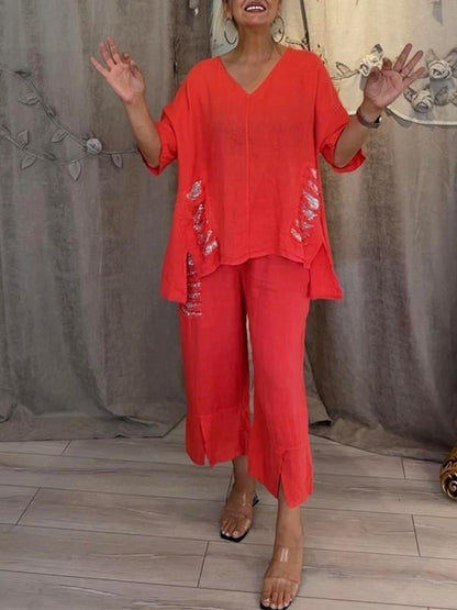 Women's 2 Piece V-Neck And Cropped Pants Set