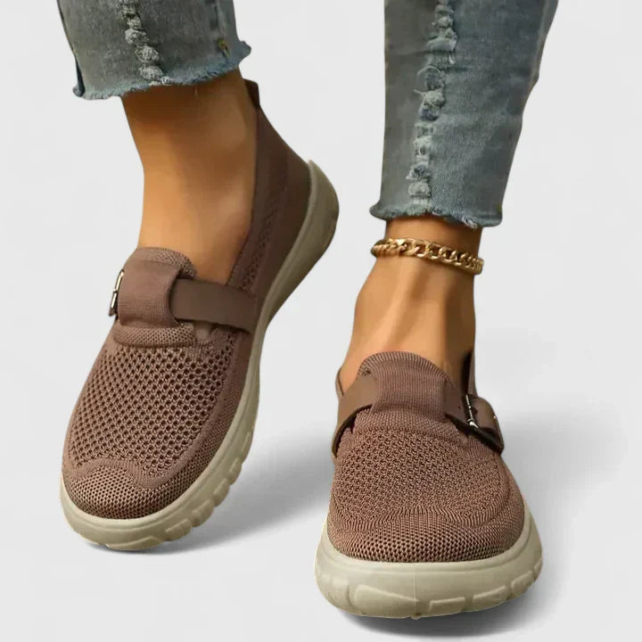 Women's Mesh Slip-On Sneakers Buckle Strap Detail