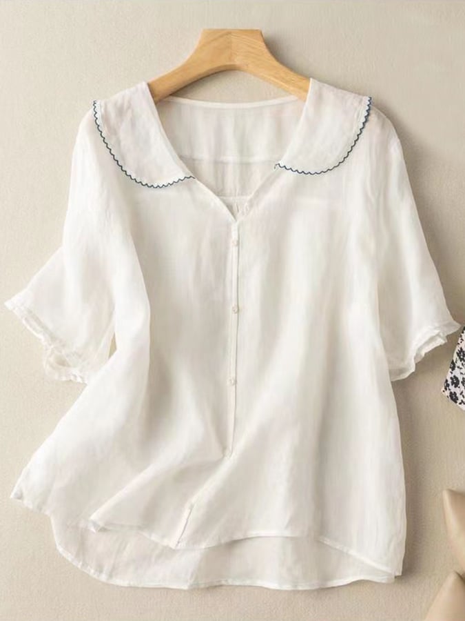 Women's Cotton Linen Short Sleeve Navy Shirt