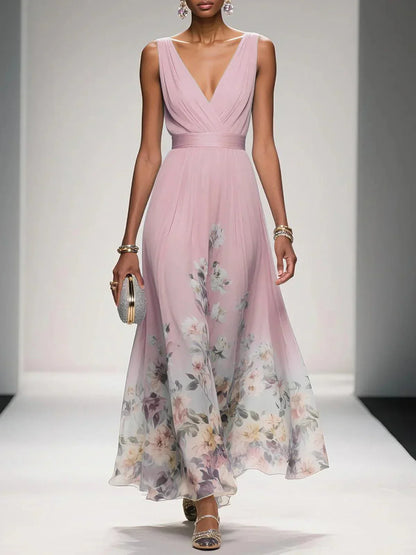 Women's Floral Maxi Dress Sleeveless V-Neck