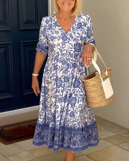 Women's Floral Midi Dress V-Neck Half Sleeves - 
Fashinoza