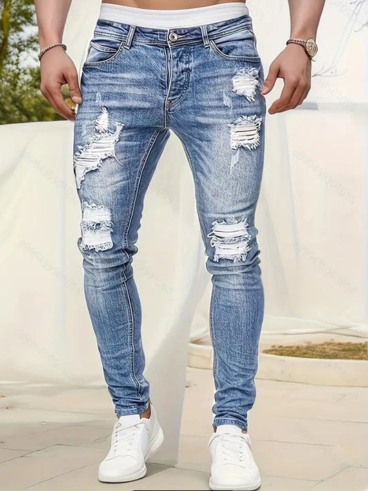 Men's Ripped Skinny Jeans Distressed Denim Blue - Fashinoza