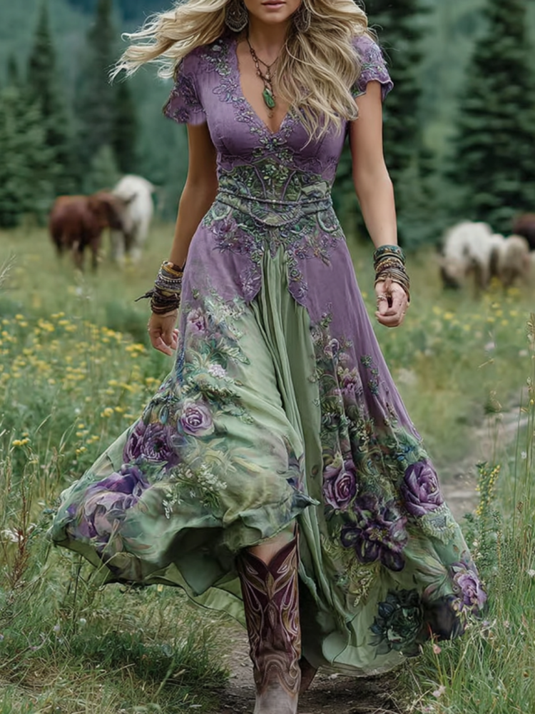 Women's Floral Maxi Dress Gradient Print