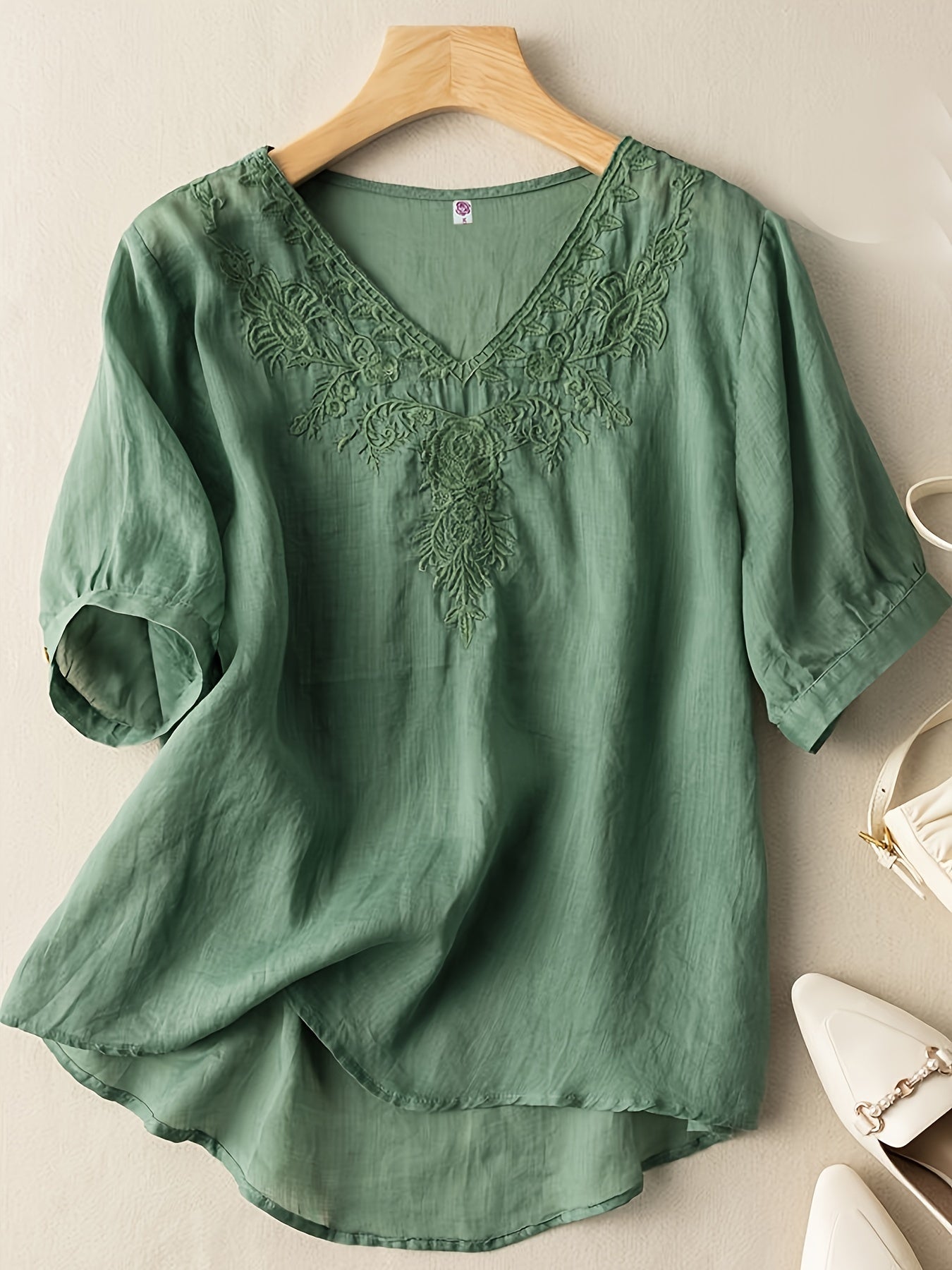 Women's Embroidered V-Neck Tunic Blouse Relaxed Fit