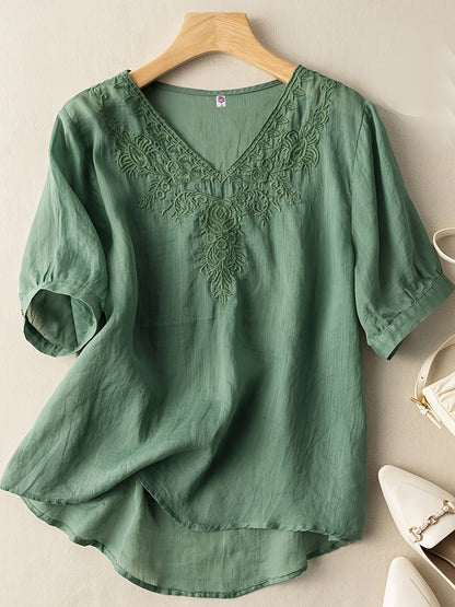 Women's Embroidered V-Neck Tunic Blouse Relaxed Fit