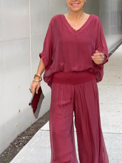 Women's V-Neck Jumpsuit Wide Leg Batwing Sleeve 2 Piece