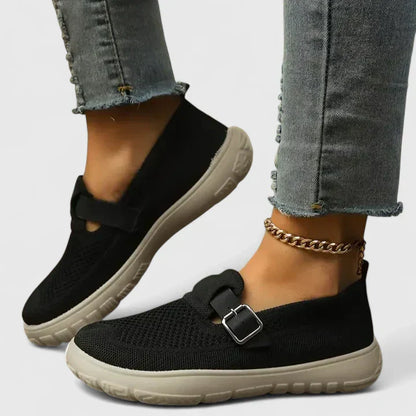 Women's Mesh Slip-On Sneakers Buckle Strap Detail