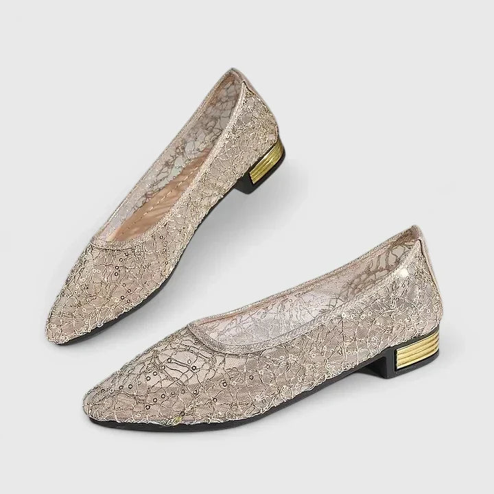 Women's Lace Pointed Toe Flats Low Block Heel