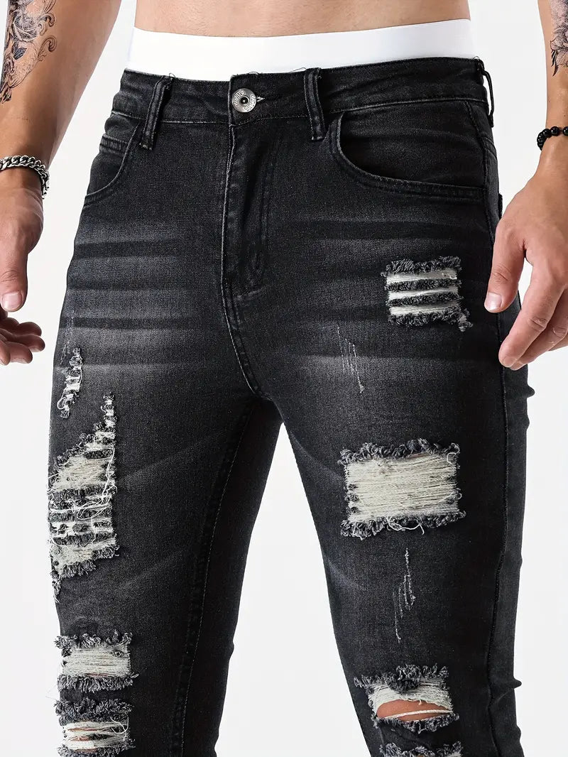 Men's Ripped Skinny Jeans Distressed Denim Blue