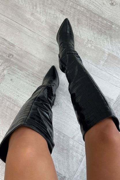 Women's Knee-High Boots Black Crocodile Pattern